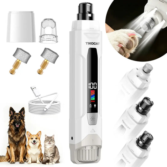 TIKOCAT 2-IN-1 Whisper Quiet Dog Nail Grinder Kit, 50% More Power 6-Speed with LED Display & 4 LED Lights, Three Grinding Bits, Stress-Free Painless Grooming for Dogs, Cats, Sensitive Pets & All Breeds White