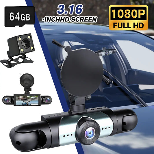 【Fathersdaygift】3.16 Inch IPS Screen Dash Cam with 4 Channel Front and Rear inside 1080P Triple Lens 3.16 Inch IPS Screen Parking Monitor G-Sensor Night Vision 170° Wide Angle with 64GB Card, Perfect Christmas & New Year Gift Ldea