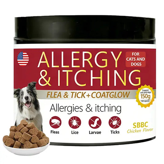 Sbbc Dogs Use Fleas and Ticks+Itch-Relieving Chews, Dogs Use Fleas and Ticks, Dog Skin Allergy Chews, Dog Itch Skin Relief and Skin Repair, Flea Tick Skin Problems Relief, 100 Soft Chews, Chicken Flavor.