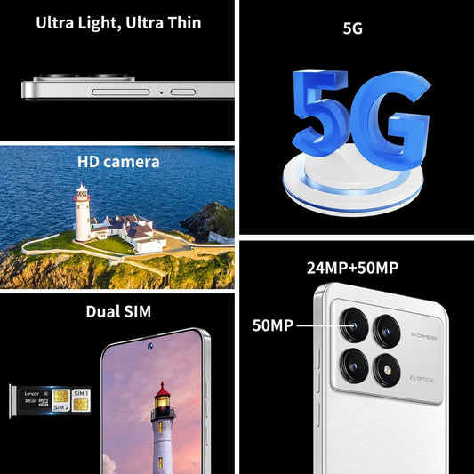 K70 5G Unlocked Cell Phones 2026 Android 13 Unlocked Phones 6.8" HD Screen 8GB+256GB 8-Core Android Phones 6800Mah Battery Standby 24MP+50MP Camera 5G Dual SIM Unlocked Smartphones(White)