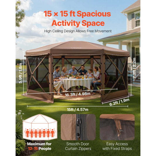 【Fathersdaygift】Vevor Pop up Gazebo Screen Tent, 15 X 15 Ft Large 8-Sided Camping Canopy Tent with Removable Top & Carry Bag, Quick-Set & Bite-Proof, Screen House Sun Shelter for 12-15 Persons Backyard Patio, Brown