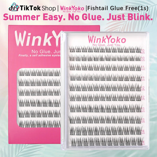 Fishtail Glue Free Lashes, Winkyoko Self Adhesive Lash Clusters, C Curl, Natural Daily 10-14Mm, No Glue, Easy 5 Second Apply for Busy Days, Ultra-Thin Invisible Band, Wispy Reusable, Gentle Long-Lasting, DIY Makeup at Home for Girl Gifts