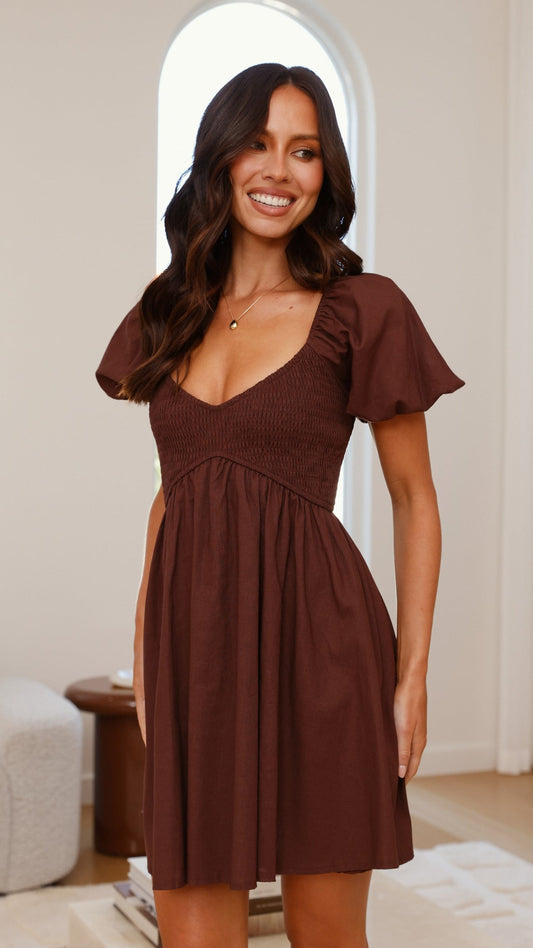 Chocolate Brown Linen Smocked Puff Sleeve Mini Dress Breathe by November 28