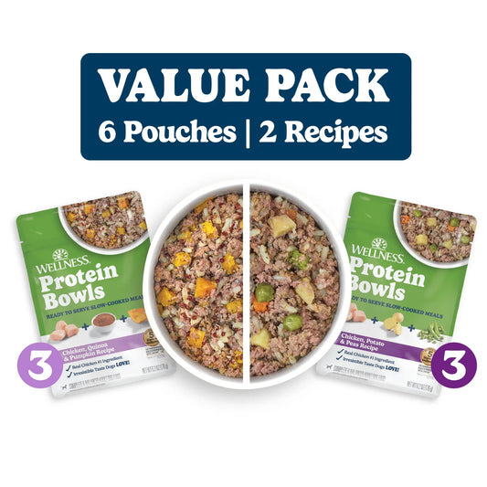 Wellness Protein Bowls, Adult Fresh Alternative Dog Food, Wholesome Grains, 6.2 Ounce Pouch, 6 Pack, (Chicken Value Pack)