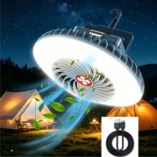 LED Camping Fan Light - USB Rechargeable Tent Cooling Fan, Wall/Desktop Mount for Dorms, Small Hook Hanging for Campsites, Emergency Lighting for Summer Camping, Family Use