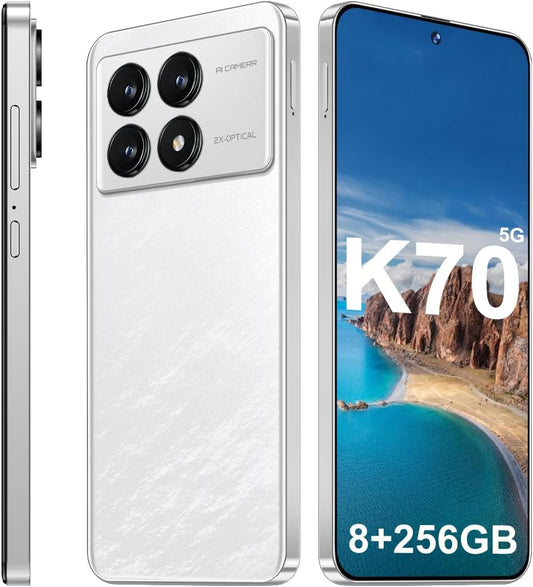 K70 5G Unlocked Cell Phones 2026 Android 13 Unlocked Phones 6.8" HD Screen 8GB+256GB 8-Core Android Phones 6800Mah Battery Standby 24MP+50MP Camera 5G Dual SIM Unlocked Smartphones(White)