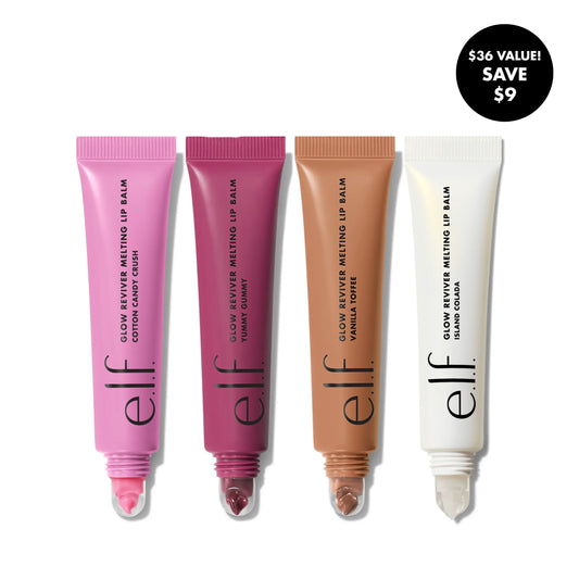 E.L.F. Glow Reviver Melting Lip Balm 4-Pack - Island Colada, Cotton Candy Crush, Vanilla Toffee, Yummy Gummy - Smooth Application, Buildable Color, Hydrating Butters