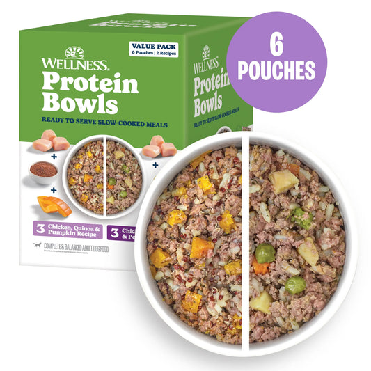 Wellness Protein Bowls, Adult Fresh Alternative Dog Food, Wholesome Grains, 6.2 Ounce Pouch, 6 Pack, (Chicken Value Pack)