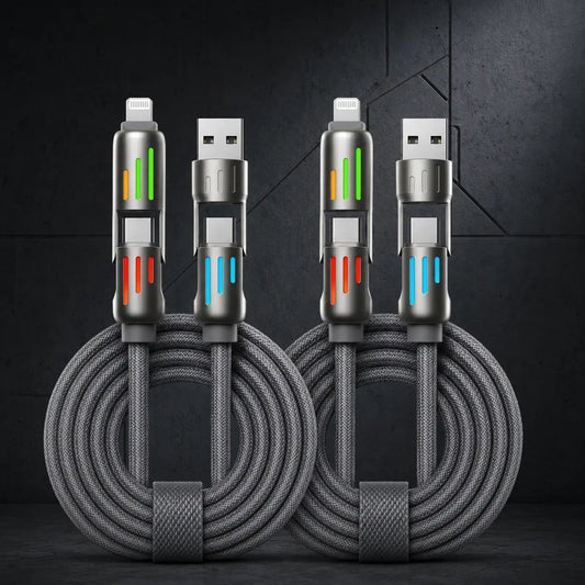 240W 4-In-1 Fast Charging Cable with LED Indicator, USB-C & Lightning Multi Charger Cord, E-Marker Chip, 480Mbps Data Sync for Iphone, Ipad, Samsung, Laptop