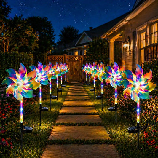 2-Pack Solar Powered Rainbow Windmill Lights, Multicolor LED Garden Stake Lights with Multiple Lighting Modes, IPX4 Waterproof Outdoor Decor for Yard, Lawn, Pathway, Patio & Flower Bed