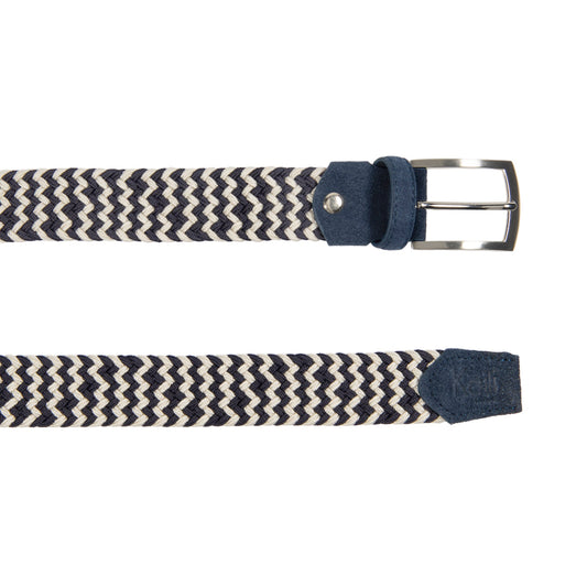 K4004JB | Braided Elastic/Leather Belt. Blue/Ecrù color. Satin Nickel Buckle. Size: 120x3.5x0.5 cm (waist 105 cm). Packaging: hard bottom/cover Gift Box-1