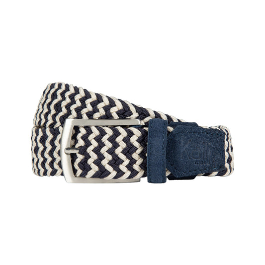 K4004JB | Braided Elastic/Leather Belt. Blue/Ecrù color. Satin Nickel Buckle. Size: 120x3.5x0.5 cm (waist 105 cm). Packaging: hard bottom/cover Gift Box-0