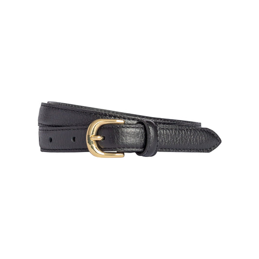 RB4021A | Women's Belt Made in Italy in Genuine Dollar Grain Leather. Polished Gold-Finish Buckle. Black. Dimensions: 115 x 2.0 x 0.5 cm (waistline 100 cm)-0