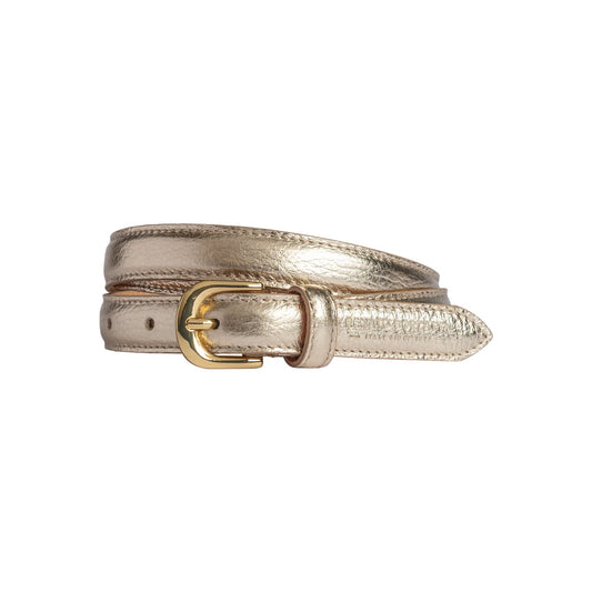 RB4021AS | Women's Belt Made in Italy in Genuine Dollar Grain Leather. Polished Gold-Finish Buckle. Gold Color. Dimensions: 115 x 2.0 x 0.5 cm (waistline 100 cm)-0