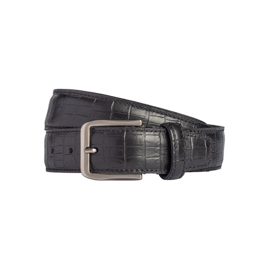 RB4024A | Men's Belt Made in Italy in Genuine Full-Grain Crocodile-Embossed Leather. Satin Gunmetal Buckle. Black. Dimensions: 125 x 3.5 x 0.5 cm (waistline 110 cm).-0