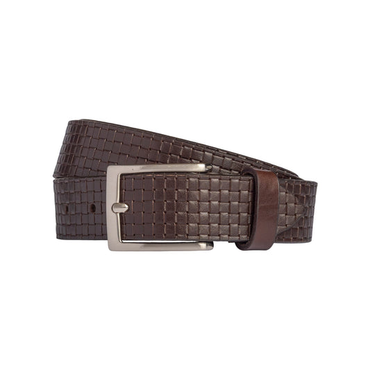 RB4028B | Men's Belt with Allover Print, Made in Italy in Genuine Vegetable-Tanned Leather. Satin Silver Buckle. Dark Brown. Dimensions: 125 x 3.5 x 0.5 cm (waistline 110 cm).-0