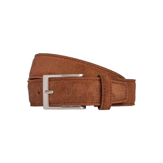 RB4029CZ | Men's Belt Made in Italy in Genuine Suede Leather. Satin Silver-finish buckle. Burnt color. Dimensions: 125 x 3.5 x 0.5 cm (waistline 110 cm)-0