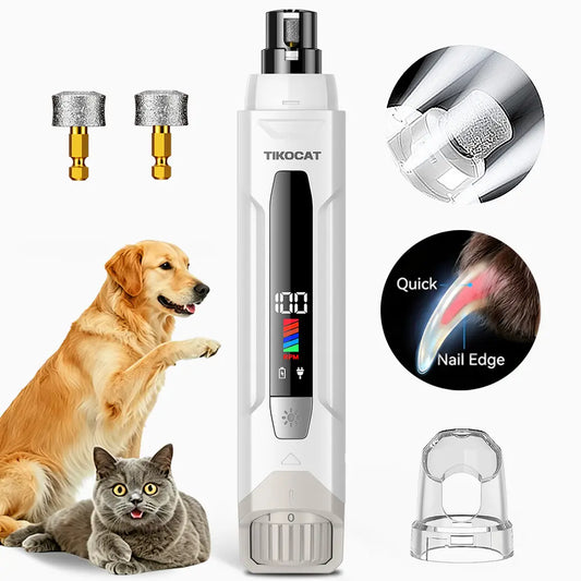 TIKOCAT 2-IN-1 Whisper Quiet Dog Nail Grinder Kit, 50% More Power 6-Speed with LED Display & 4 LED Lights, Three Grinding Bits, Stress-Free Painless Grooming for Dogs, Cats, Sensitive Pets & All Breeds White