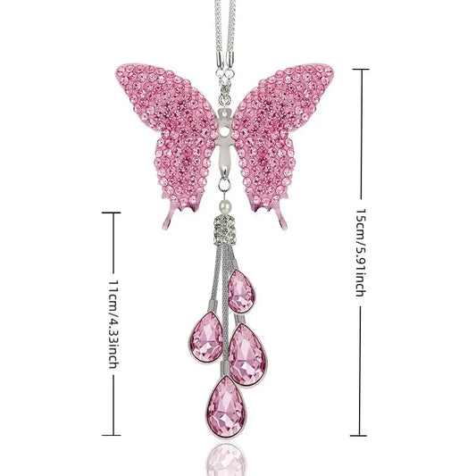 Diamond Butterfly Tassel Car Hanging Ornament, Rearview Mirror Rhinestone Butterfly Pendant, Girl Car Interior Decoration, Car Hanging Ornament, Rhinestone Car Decor, Bling Car Accessories, Perfect Gift,Cute Interior Car Decor, Car Interior Ornaments