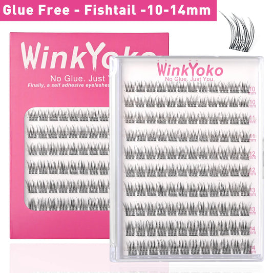 Fishtail Glue Free Lashes, Winkyoko Self Adhesive Lash Clusters, C Curl, Natural Daily 10-14Mm, No Glue, Easy 5 Second Apply for Busy Days, Ultra-Thin Invisible Band, Wispy Reusable, Gentle Long-Lasting, DIY Makeup at Home for Girl Gifts