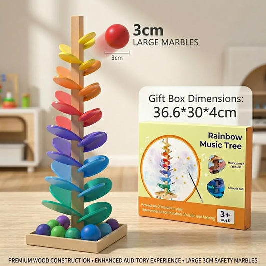 Montessori Wooden Rainbow Music Tree Toy with 10 Pcs 3Cm Large Marbles Included, Premium Birch Educational Marble Run Ball Drop for Toddlers, Eco-Friendly Sensory Learning Toy Gift