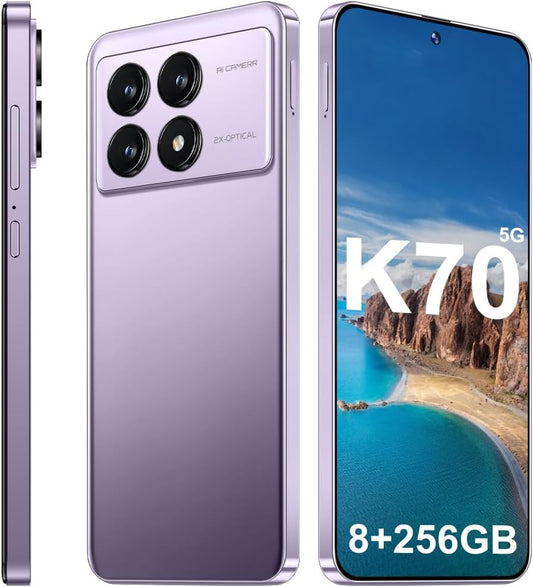 K70 5G Unlocked Cell Phones 2026 Android 13 Unlocked Phones 6.8" HD Screen 8GB+256GB 8-Core Android Phones 6800Mah Battery Standby 24MP+50MP Camera 5G Dual SIM Unlocked Smartphones(Purple)