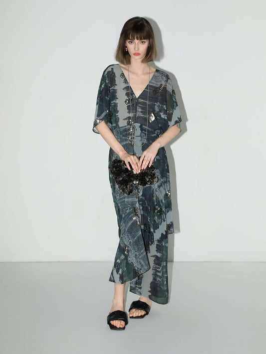 Black and Grey Tie-Dye Print Chiffon Dress Cocobella