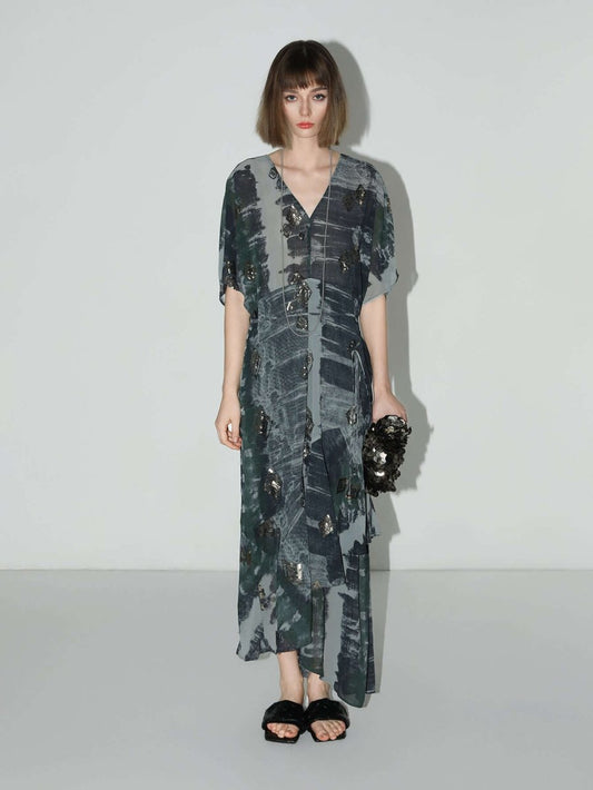 Black and Grey Tie-Dye Print Chiffon Dress Cocobella