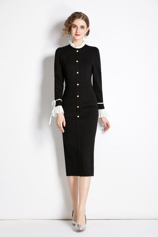 Black French Paneled Button Down Slim Fit Dress DZA