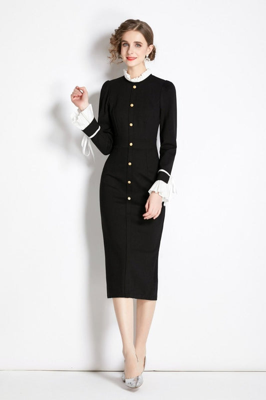 Black French Paneled Button Down Slim Fit Dress DZA