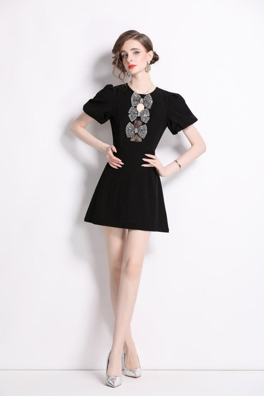 Black Puff Sleeve A Line Mini Dress DZA