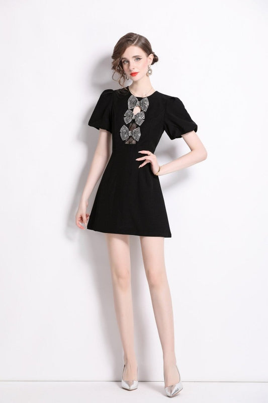 Black Puff Sleeve A Line Mini Dress DZA