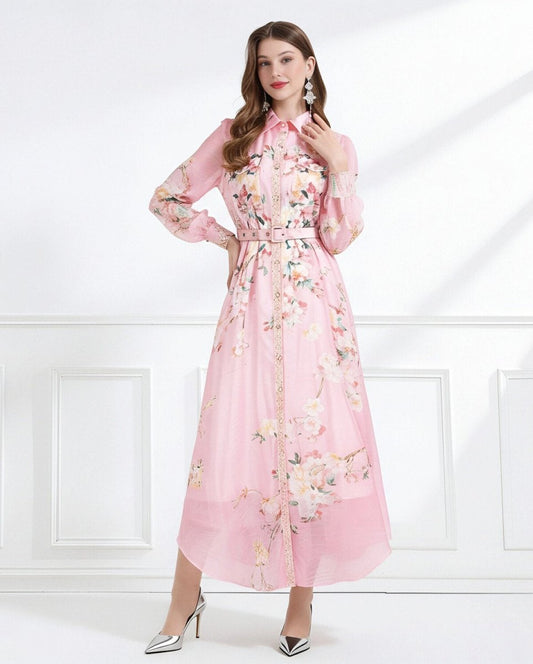 Blush Bloom Lace Trim Floral Chiffon Maxi Dress DZA