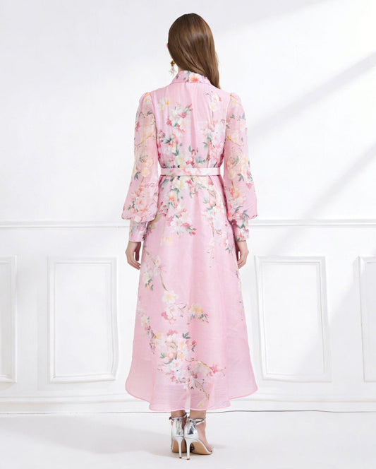 Blush Bloom Lace Trim Floral Chiffon Maxi Dress DZA