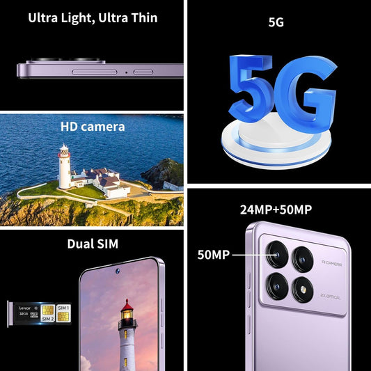 K70 5G Unlocked Cell Phones 2026 Android 13 Unlocked Phones 6.8" HD Screen 8GB+256GB 8-Core Android Phones 6800Mah Battery Standby 24MP+50MP Camera 5G Dual SIM Unlocked Smartphones(Purple)