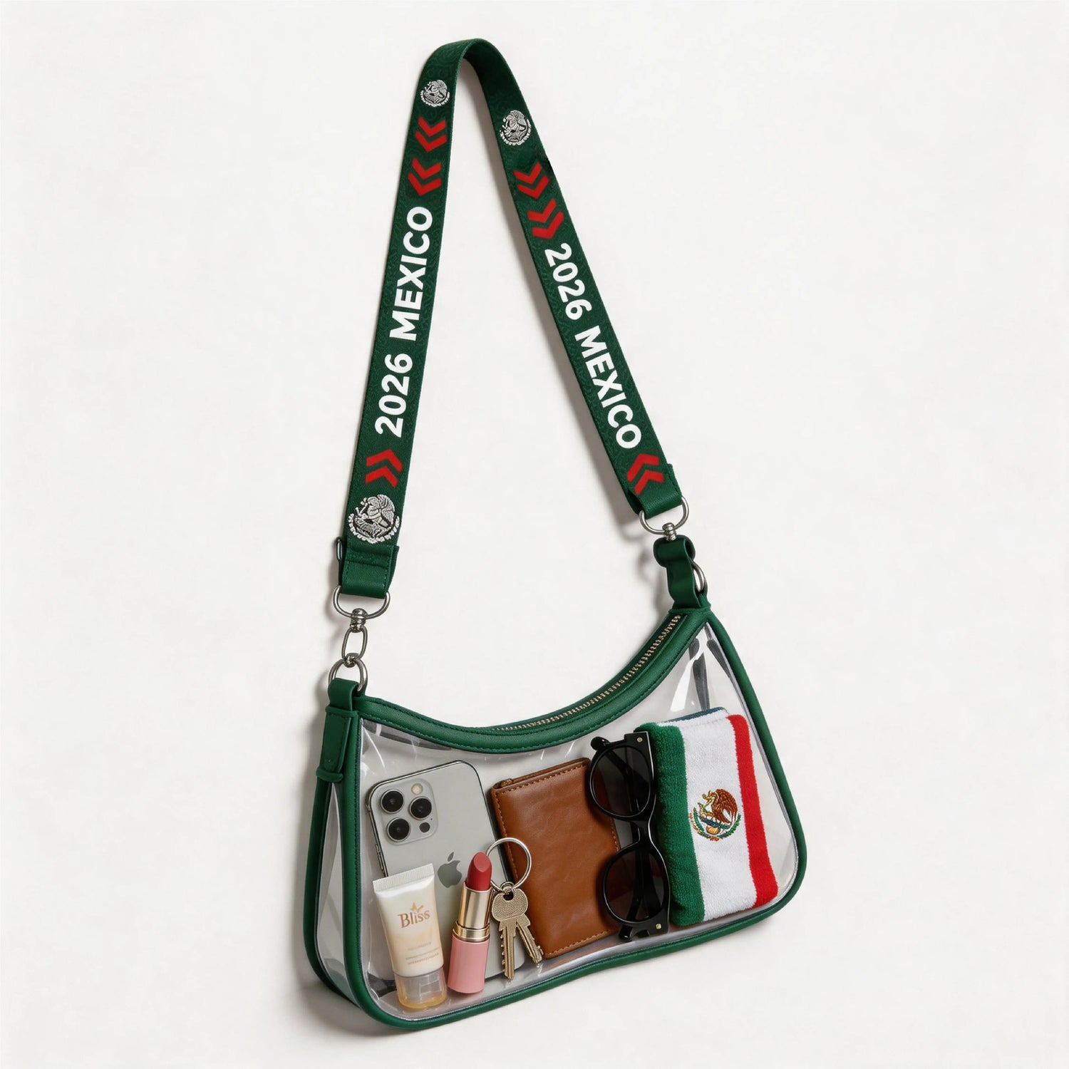 Clear Crossbody Bag, Stadium Approved Shoulder Bag, Mexico-Inspired Strap, Soccer 2026 Fan Gear, for Gameday, Concerts & Festivals, Mexican Moms, Transparent Game Day Purse, Cellphone Bag