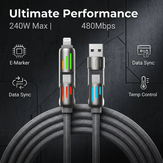 240W 4-In-1 Fast Charging Cable with LED Indicator, USB-C & Lightning Multi Charger Cord, E-Marker Chip, 480Mbps Data Sync for Iphone, Ipad, Samsung, Laptop