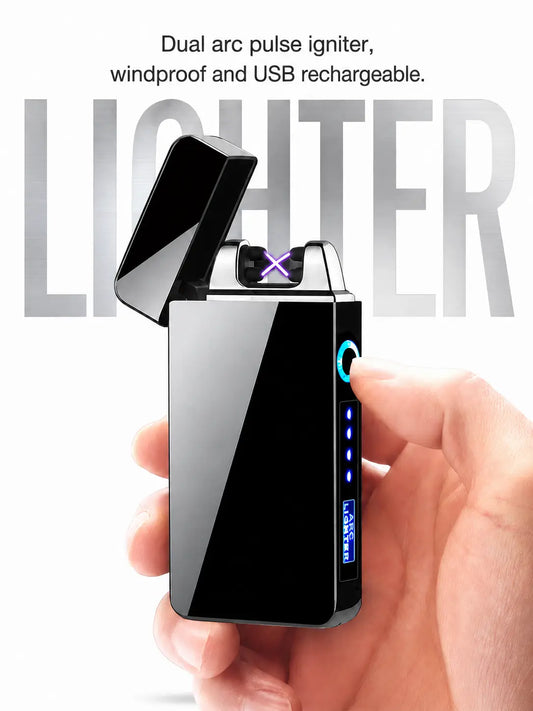Dual-Arc Plasma Lighter with LED Battery Indicator and Case; Rechargeable, Windproof, Flameless Electric Lighter Suitable for Outdoor Camping and Hiking.