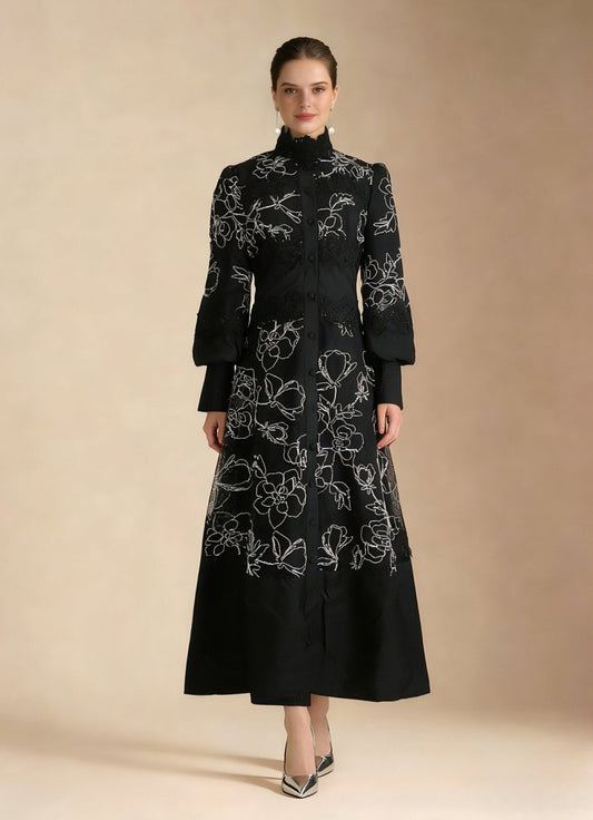 Elegant Floral Embroidered High Neck Maxi Dress DZA