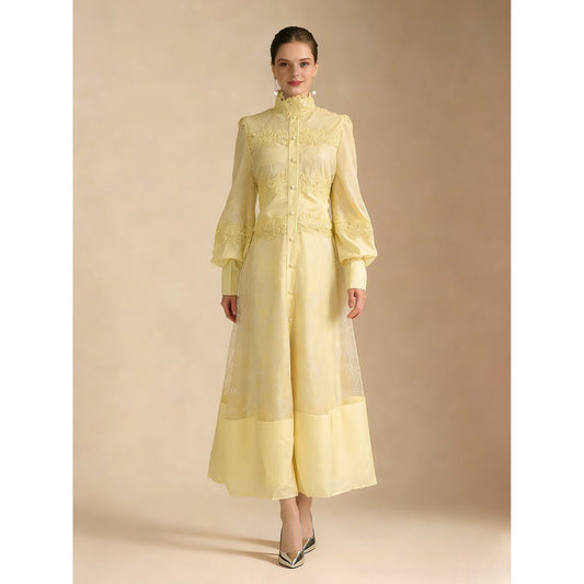 Elegant Floral Embroidered High Neck Maxi Dress DZA