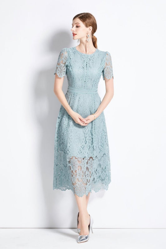 Elegant Floral Lace A-Line Midi Dress DZA