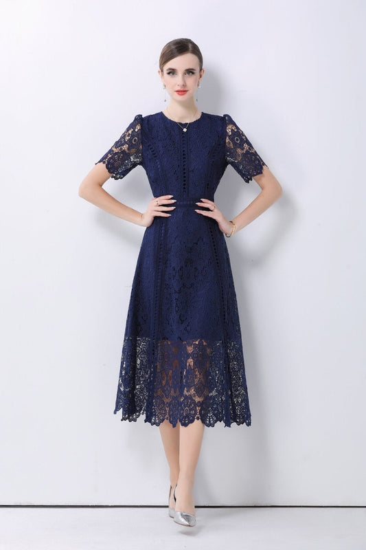 Elegant Floral Lace A-Line Midi Dress DZA
