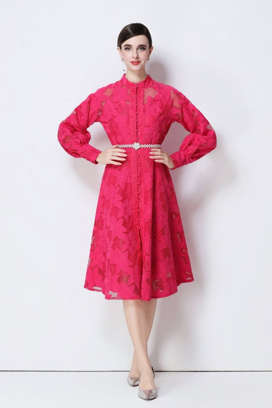 Elegant Floral Lace Pearl Belt Midi Dress DZA