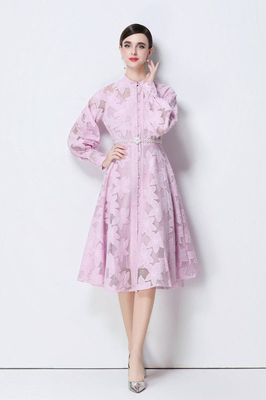 Elegant Floral Lace Pearl Belt Midi Dress DZA