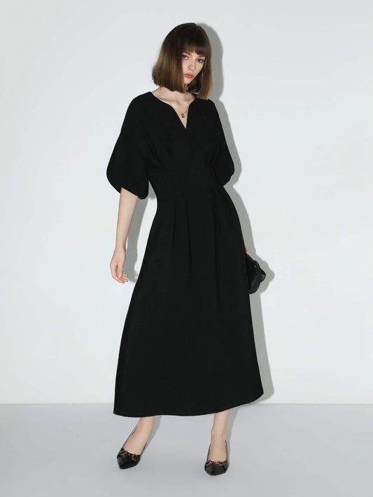 Elegant Textured Pleated French Tea Dress-1