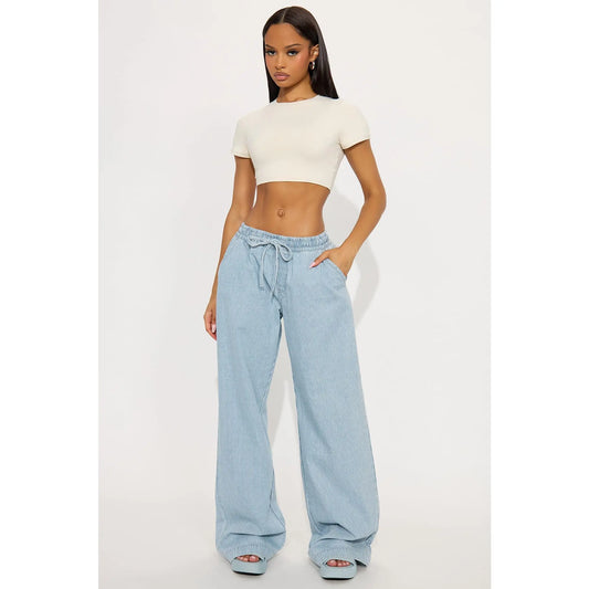 Tall Seawalk Striped Pull on Wide Leg Jeans - Light Blue