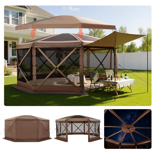 【Fathersdaygift】Vevor Pop up Gazebo Screen Tent, 15 X 15 Ft Large 8-Sided Camping Canopy Tent with Removable Top & Carry Bag, Quick-Set & Bite-Proof, Screen House Sun Shelter for 12-15 Persons Backyard Patio, Brown