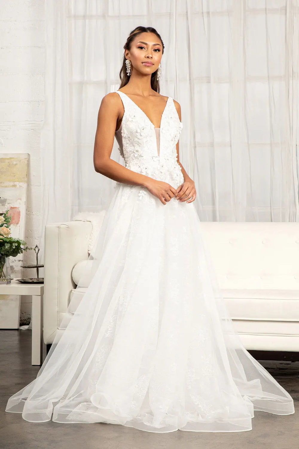 3-D Flower Embroidered Mesh A-line Dress w/ Rhinestone and Jewel Embellished - Linford.com