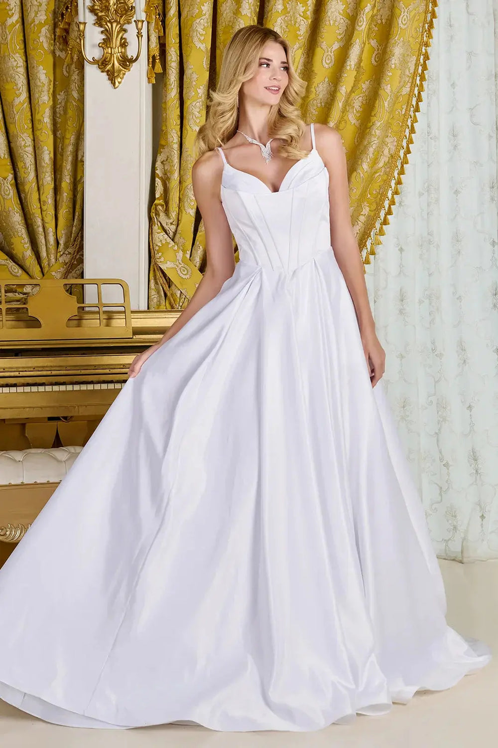 A-line, satin wedding gown spaghetti straps V-neckline - Linford.com