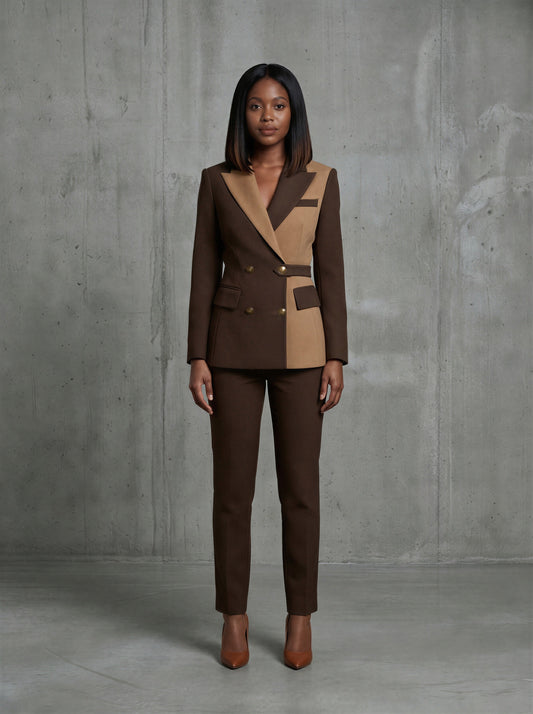 Brown double breasted two-tone belted pantsuit (UK size 6) EDKAY COLLECTION UK